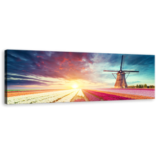 Load image into Gallery viewer, Windmill Scenery Canvas Wall Art, Green Windmill Tulips Sun Field Panoramic Canvas Artwork, White Red Holland Landscape 1 Piece Canvas Print
