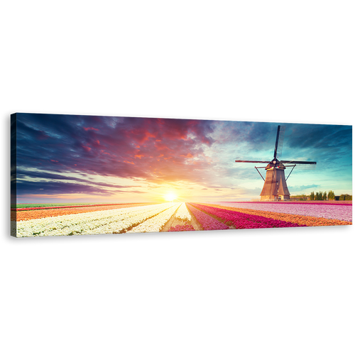 Windmill Scenery Canvas Wall Art, Green Windmill Tulips Sun Field Panoramic Canvas Artwork, White Red Holland Landscape 1 Piece Canvas Print