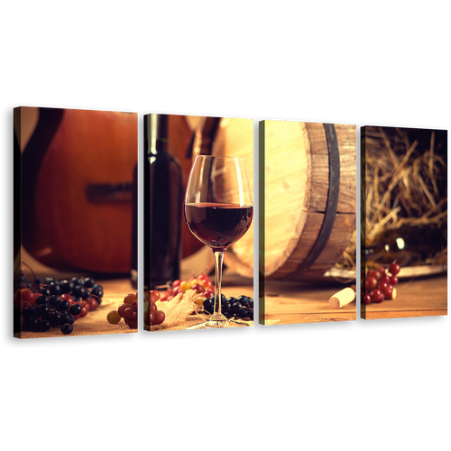 Wine Barrel Canvas Wall Art, Red Wine Glass 4 Piece Canvas Set, Wine Bottle and Brown Guitar Canvas Print