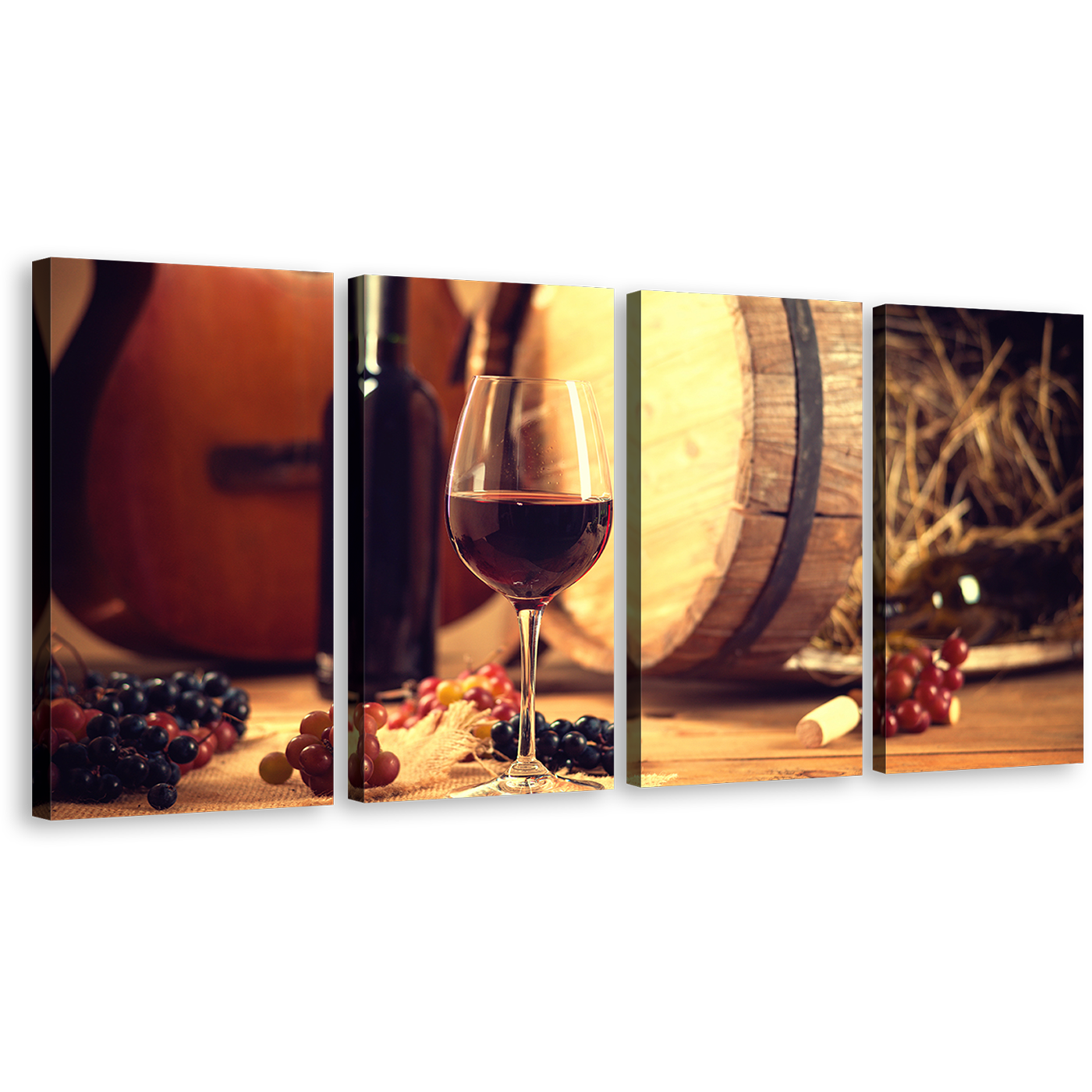 Wine Barrel Canvas Wall Art, Red Wine Glass 4 Piece Canvas Set, Wine Bottle and Brown Guitar Canvas Print