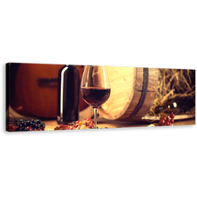 Load image into Gallery viewer, Wine Bottle Canvas Print, Brown Wine Barrel and Guitar Wide Canvas, Red Wine Grapes 1 Piece Canvas Wall Art
