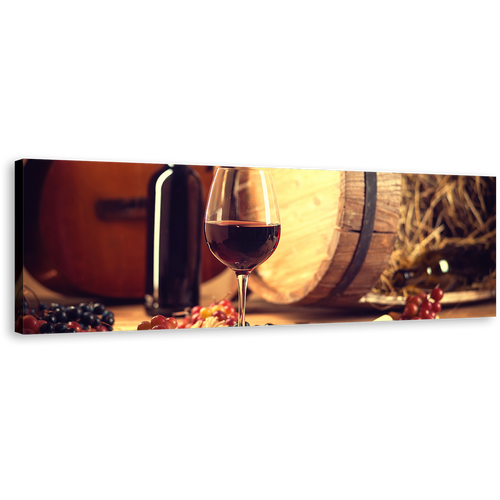 Wine Bottle Canvas Print, Brown Wine Barrel and Guitar Wide Canvas, Red Wine Grapes 1 Piece Canvas Wall Art