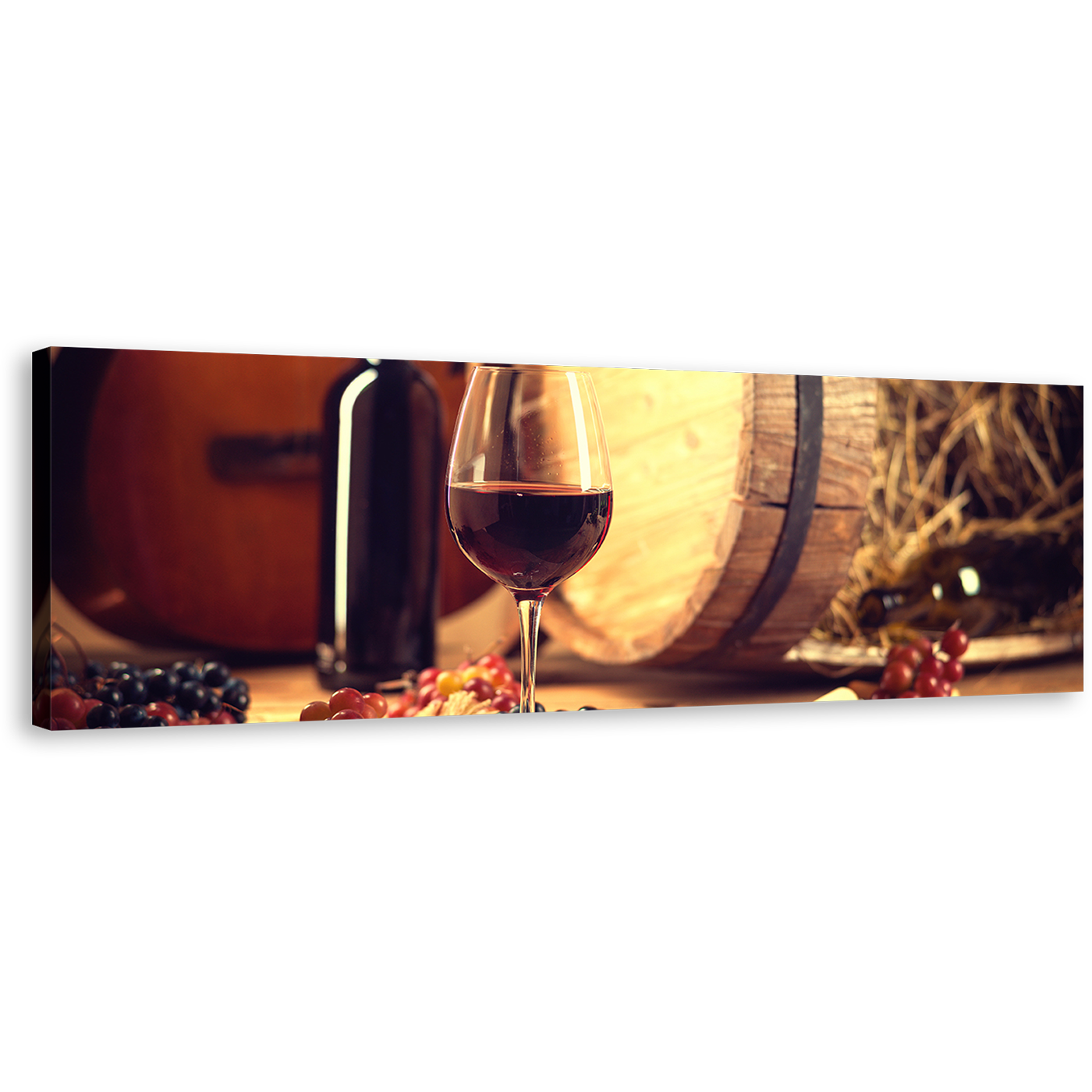 Wine Bottle Canvas Print, Brown Wine Barrel and Guitar Wide Canvas, Red Wine Grapes 1 Piece Canvas Wall Art