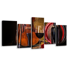 Load image into Gallery viewer, Wine Bottle Canvas Wall Art, Music With Red Wine Barrel 5 Piece Canvas, Brown Violin Still Life Winery Multiple Canvas
