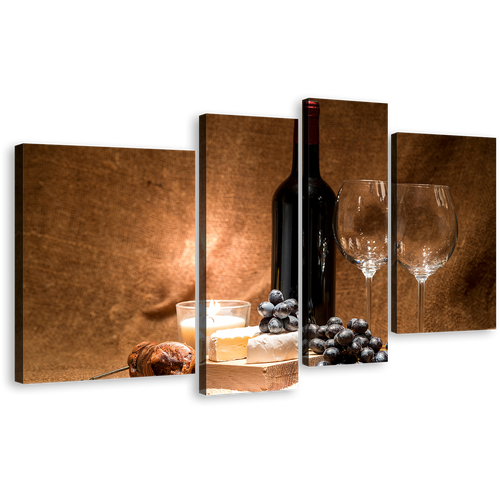 Wine Bottle Canvas Wall Art, Still Life Wine 4 Piece Canvas, Red Wine Two Glasses Multiple Canvas, Black Wine Grapes Canvas Print