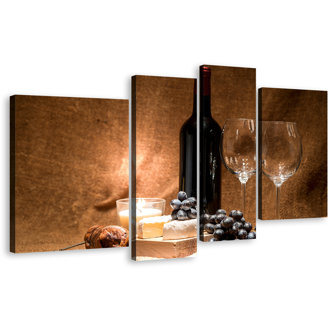 Wine Bottle Canvas Wall Art, Still Life Wine 4 Piece Canvas, Red Wine Two Glasses Multiple Canvas, Black Wine Grapes Canvas Print