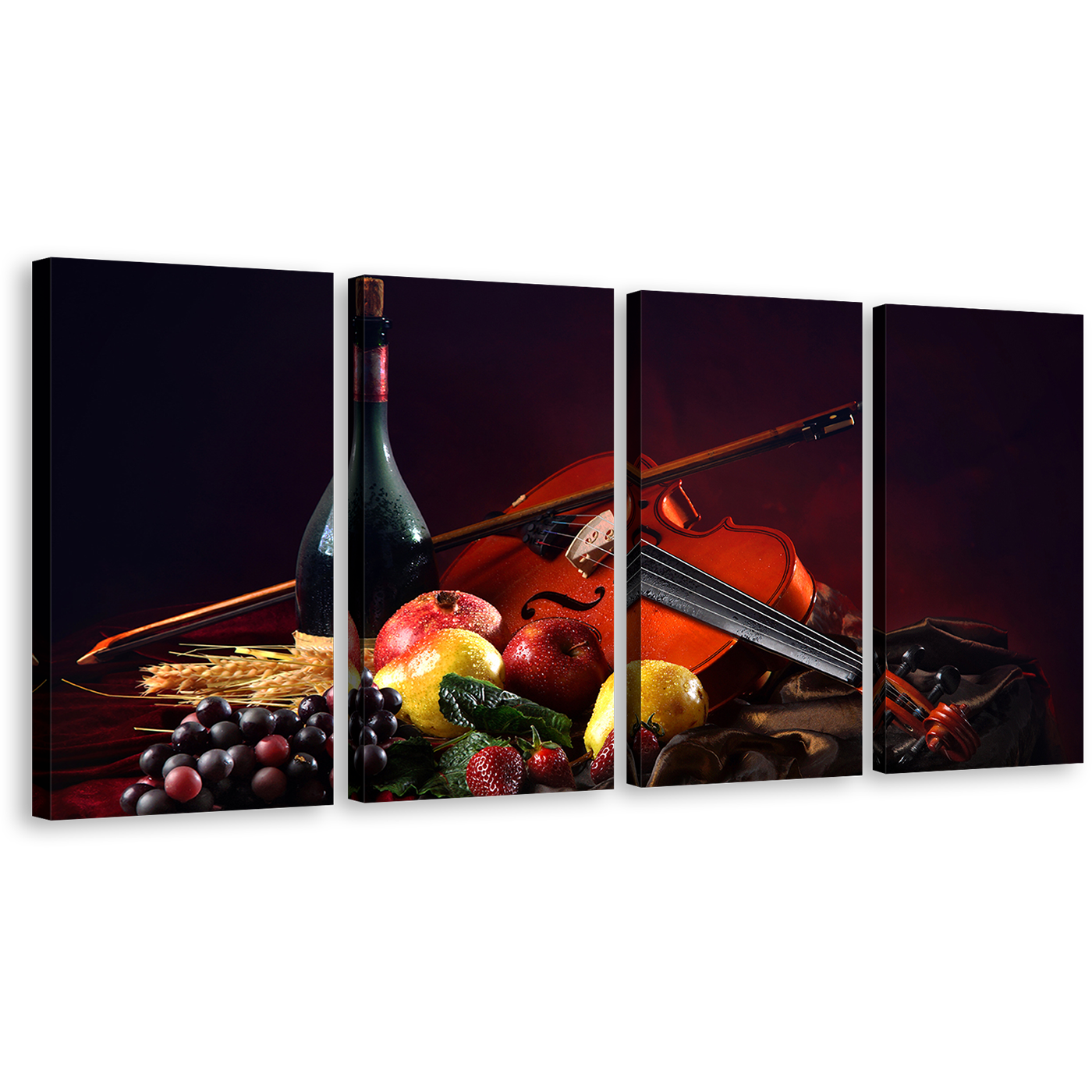 Wine Bottle Canvas Wall Art, Still Life Wine Canvas Print, Colorful Fruits Violin Wine 4 Piece Canvas Set