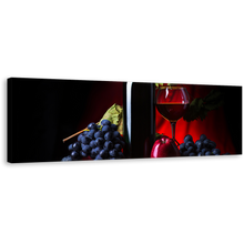 Load image into Gallery viewer, Wine Bottle Canvas Wall Art, Still Life Winery 1 Piece Canvas Print, Red Wine Canvas Artwork, Black Wine Grapes Wide Canvas
