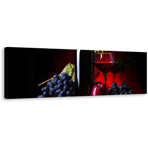 Wine Bottle Canvas Wall Art, Still Life Winery 1 Piece Canvas Print, Red Wine Canvas Artwork, Black Wine Grapes Wide Canvas