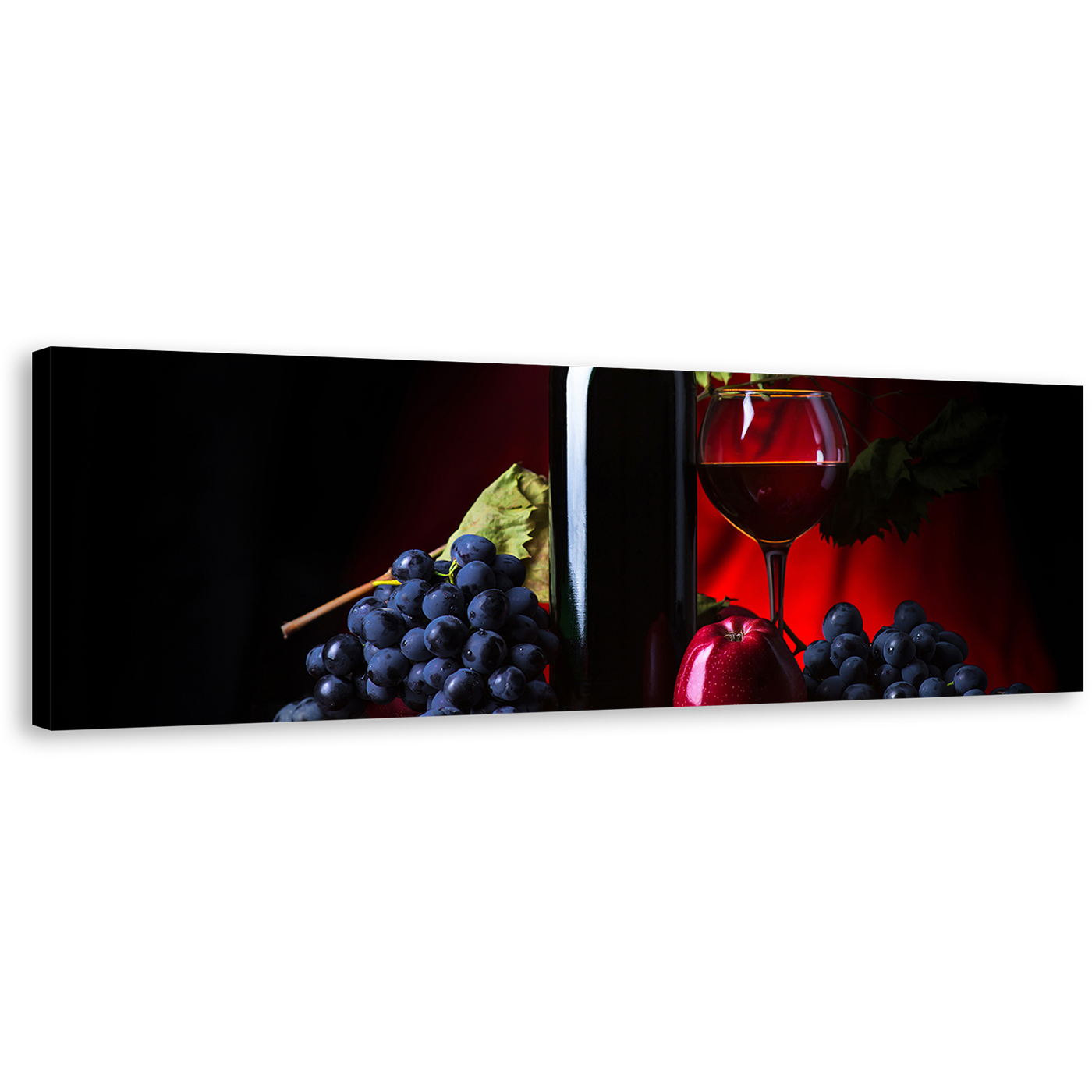 Wine Bottle Canvas Wall Art, Still Life Winery 1 Piece Canvas Print, Red Wine Canvas Artwork, Black Wine Grapes Wide Canvas