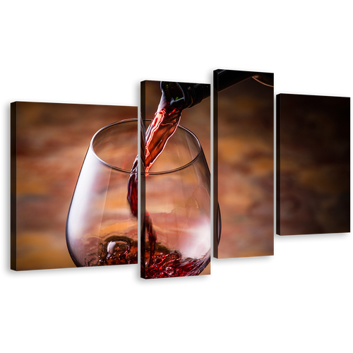 Wine Bottle Canvas Wall Art, Wine Glass Close Up Multiple Canvas, Black Bottle Wine Pouring 4 Piece Canvas Print