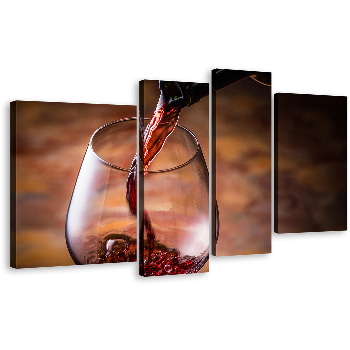 Wine Bottle Canvas Wall Art, Wine Glass Close Up Multiple Canvas, Black Bottle Wine Pouring 4 Piece Canvas Print