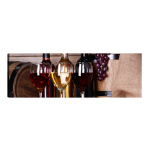 Load image into Gallery viewer, Wine Bottles Canvas Wall Art, Wine Bottles Brown Barrels Grapes 1 Piece Canvas, Red White Wine Glasses Canvas Artwork
