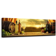 Load image into Gallery viewer, Wine Bottles Wall Art, Yellow Vineyard Sunset Panoramic Canvas Art, Red and White Wine Canvas Print
