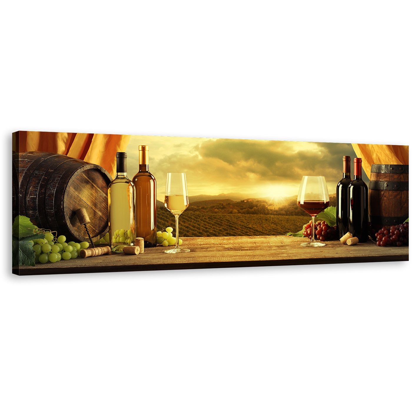 Wine Bottles Wall Art, Yellow Vineyard Sunset Panoramic Canvas Art, Red and White Wine Canvas Print