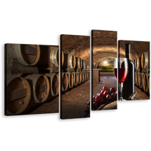 Load image into Gallery viewer, Wine Cellar Canvas Wall Art, Brown Barrels Grapes Bottles Canvas Set, Red Wine Drink Glass 4 Piece Canvas Print
