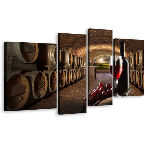 Wine Cellar Canvas Wall Art, Brown Barrels Grapes Bottles Canvas Set, Red Wine Drink Glass 4 Piece Canvas Print