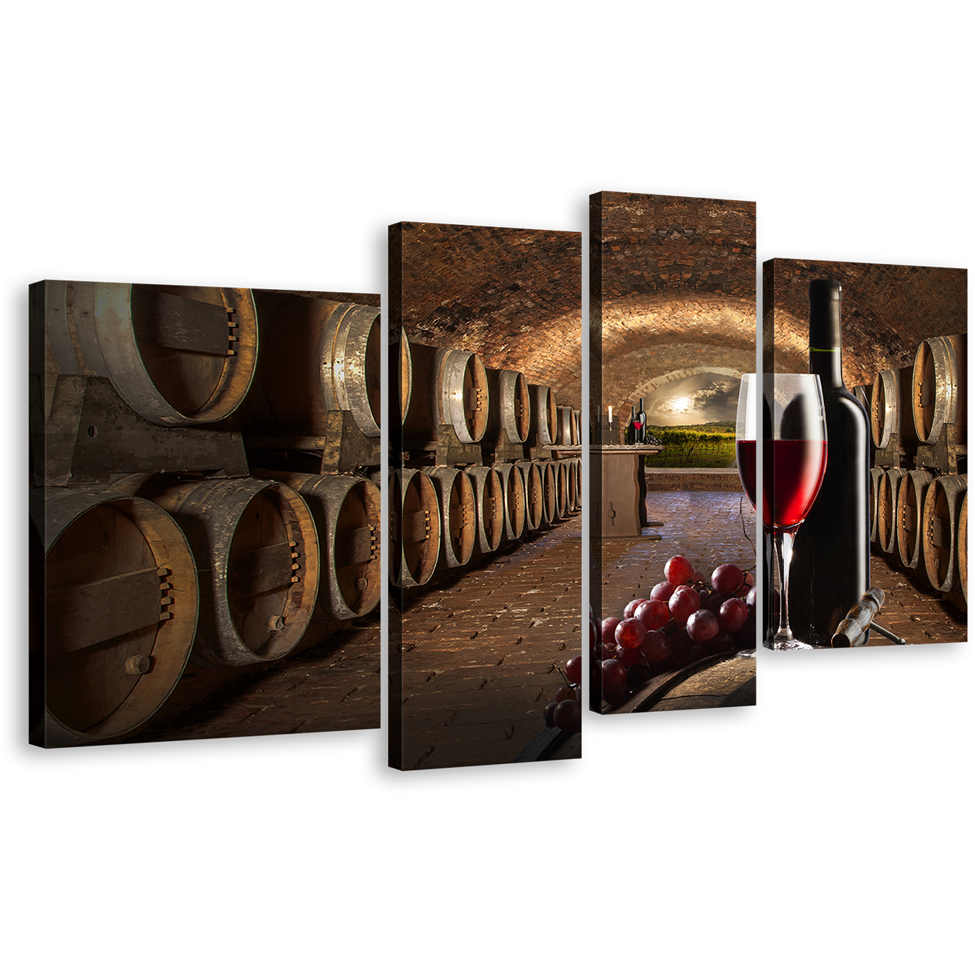 Wine Cellar Canvas Wall Art, Brown Barrels Grapes Bottles Canvas Set, Red Wine Drink Glass 4 Piece Canvas Print