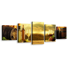 Load image into Gallery viewer, Wine Drink Canvas Print, Yellow Red Wine Bottles Canvas Multi-panel Art, Brown Wine Barrels Grapes 5 Piece Wall Art
