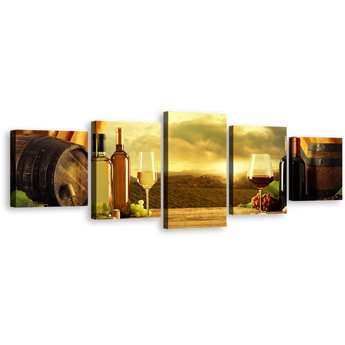 Wine Drink Canvas Print, Yellow Red Wine Bottles Canvas Multi-panel Art, Brown Wine Barrels Grapes 5 Piece Wall Art