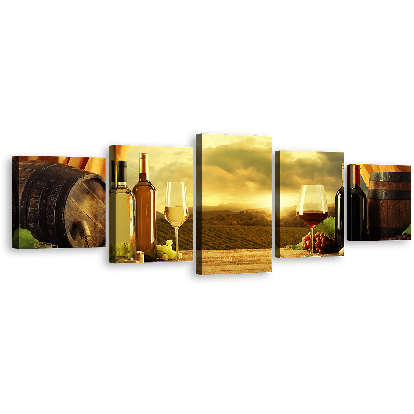 Wine Drink Canvas Print, Yellow Red Wine Bottles Canvas Multi-panel Art, Brown Wine Barrels Grapes 5 Piece Wall Art