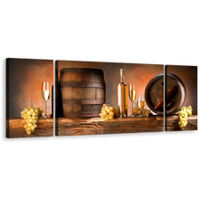 Load image into Gallery viewer, Wine Drink Canvas Wall Art, Brown Wine Barrels Triptych Canvas Set, Orange Background Grapes Drink Bottles 3 Piece Canvas Print
