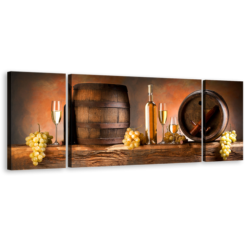 Wine Drink Canvas Wall Art, Brown Wine Barrels Triptych Canvas Set, Orange Background Grapes Drink Bottles 3 Piece Canvas Print