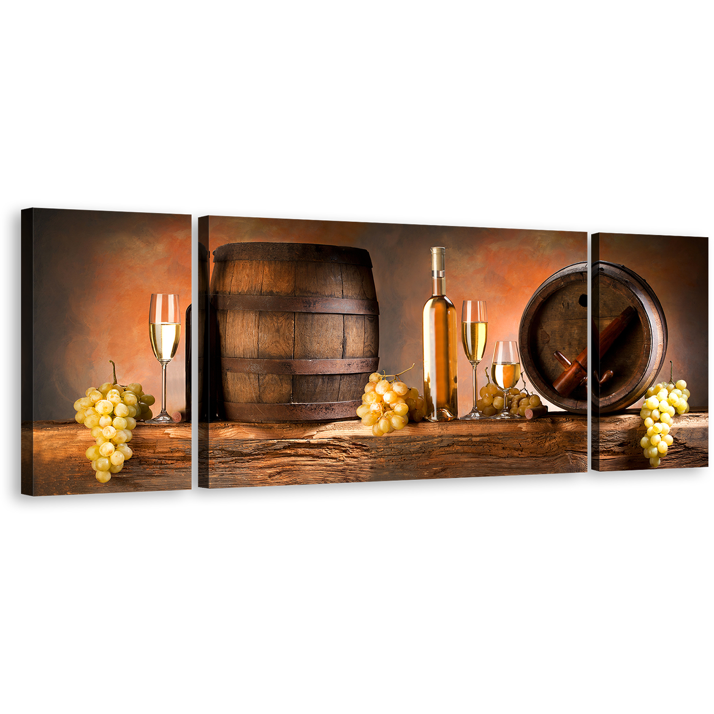 Wine Drink Canvas Wall Art, Brown Wine Barrels Triptych Canvas Set, Orange Background Grapes Drink Bottles 3 Piece Canvas Print