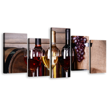 Load image into Gallery viewer, Wine Drink Canvas Wall Art, Red White Wine Glasses 5 Piece Canvas Print, Wine Bottles Brown Barrels Grapes Multi Canvas Artwork
