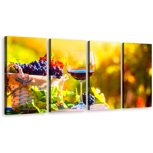 Wine Drink Canvas Wall Art, Wine and Grapes 4 Piece Canvas Print, Wine in Autumn Canvas Set, Colorful Wine Fruits Multi Canvas