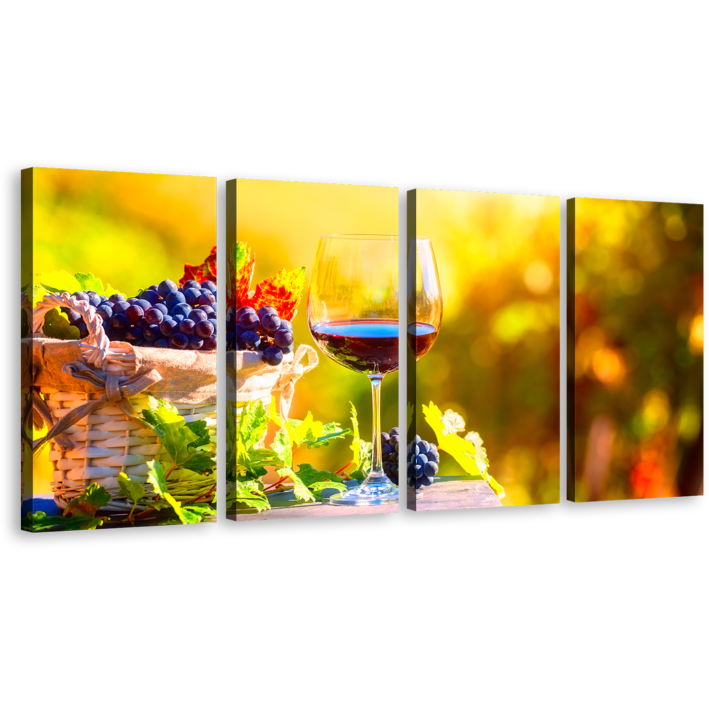 Wine Drink Canvas Wall Art, Wine and Grapes 4 Piece Canvas Print, Wine in Autumn Canvas Set, Colorful Wine Fruits Multi Canvas