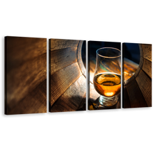 Load image into Gallery viewer, Wine Drinks Canvas Print, Brown Oak Barrel 4 Piece Canvas Set, Yellow Wine Glass Wall Art
