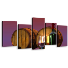 Load image into Gallery viewer, Wine Drinks Canvas Print, Red Wine Bottle Glass 5 Piece Wall Art, Purple Background Barrels Multiple Canvas
