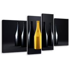 Load image into Gallery viewer, Wine Drinks Canvas Print, Yellow Black Champagne Bottles Wall Art, Dark Background Luxury Bottles 4 Piece Canvas Multi-panel Art
