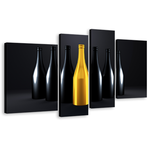 Wine Drinks Canvas Print, Yellow Black Champagne Bottles Wall Art, Dark Background Luxury Bottles 4 Piece Canvas Multi-panel Art