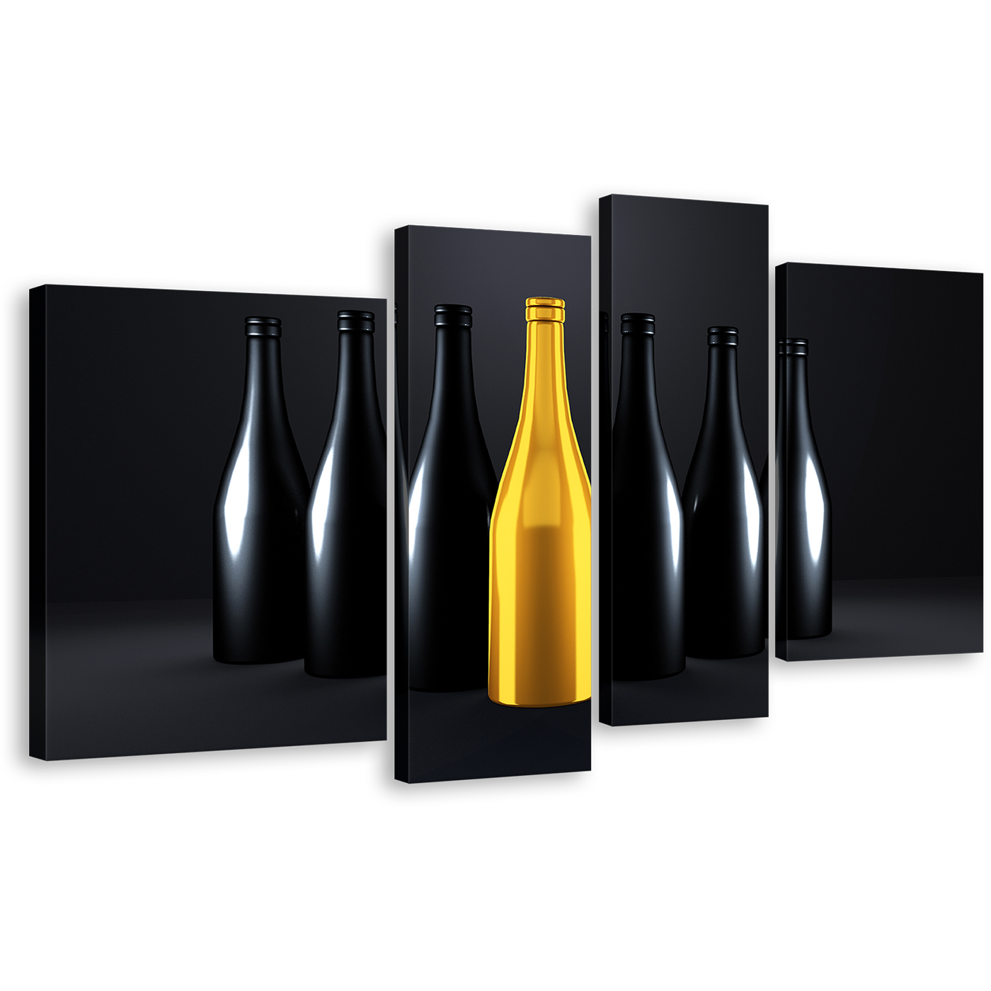 Wine Drinks Canvas Print, Yellow Black Champagne Bottles Wall Art, Dark Background Luxury Bottles 4 Piece Canvas Multi-panel Art