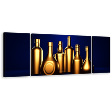 Load image into Gallery viewer, Wine Drinks Canvas Wall Art, Dark Blue Background Hard Liquor 3 Piece Canvas Print, Gold Alcohol Bottles Triptych Multiple Canvas
