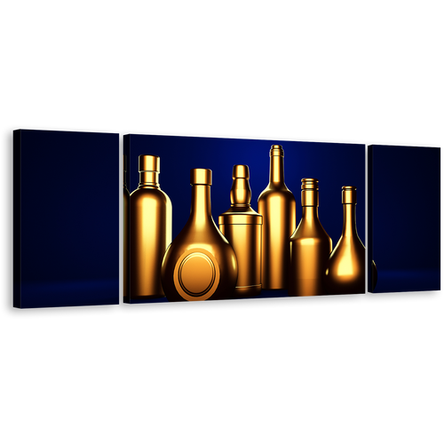 Wine Drinks Canvas Wall Art, Dark Blue Background Hard Liquor 3 Piece Canvas Print, Gold Alcohol Bottles Triptych Multiple Canvas