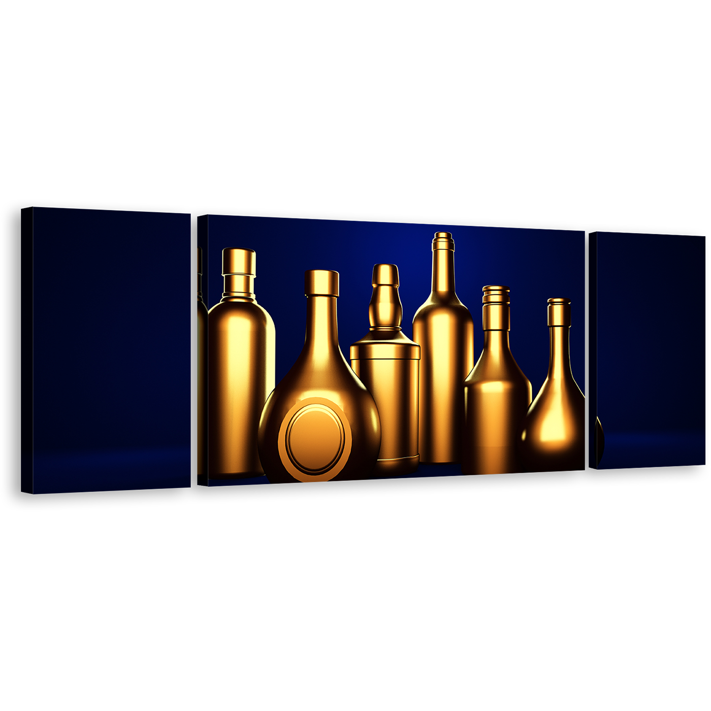 Wine Drinks Canvas Wall Art, Dark Blue Background Hard Liquor 3 Piece Canvas Print, Gold Alcohol Bottles Triptych Multiple Canvas