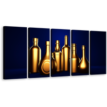 Load image into Gallery viewer, Wine Drinks Canvas Wall Art, Dark Blue Background Hard Liquor 5 Piece Canvas Set, Gold Alcohol Bottles Canvas Print
