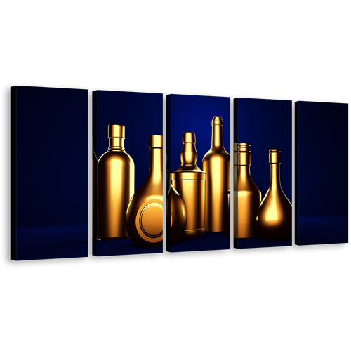 Wine Drinks Canvas Wall Art, Dark Blue Background Hard Liquor 5 Piece Canvas Set, Gold Alcohol Bottles Canvas Print