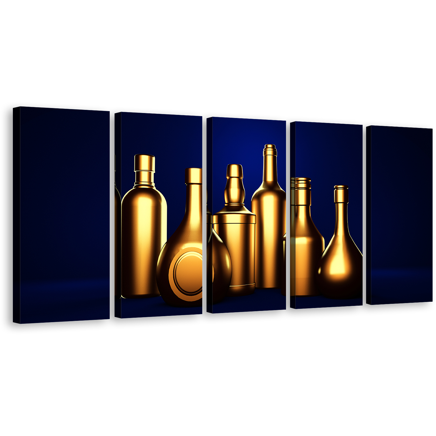 Wine Drinks Canvas Wall Art, Dark Blue Background Hard Liquor 5 Piece Canvas Set, Gold Alcohol Bottles Canvas Print