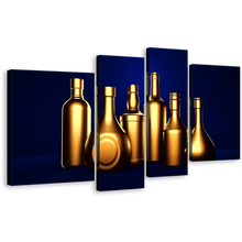 Load image into Gallery viewer, Wine Drinks Canvas Wall Art, Gold Alcohol Bottles Canvas Print, Dark Blue Background Hard Liquor 4 Piece Multi Canvas Artwork
