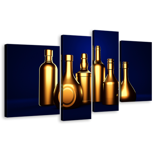 Wine Drinks Canvas Wall Art, Gold Alcohol Bottles Canvas Print, Dark Blue Background Hard Liquor 4 Piece Multi Canvas Artwork