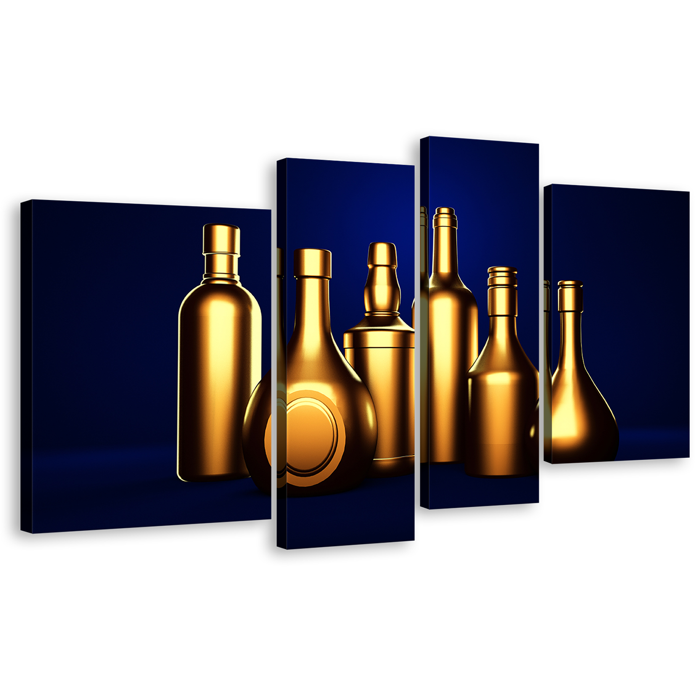 Wine Drinks Canvas Wall Art, Gold Alcohol Bottles Canvas Print, Dark Blue Background Hard Liquor 4 Piece Multi Canvas Artwork