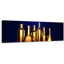 Load image into Gallery viewer, Wine Drinks Canvas Wall Art, Gold Alcohol Bottles Panoramic Canvas Print, Dark Blue Background Hard Liquor 1 Piece Canvas
