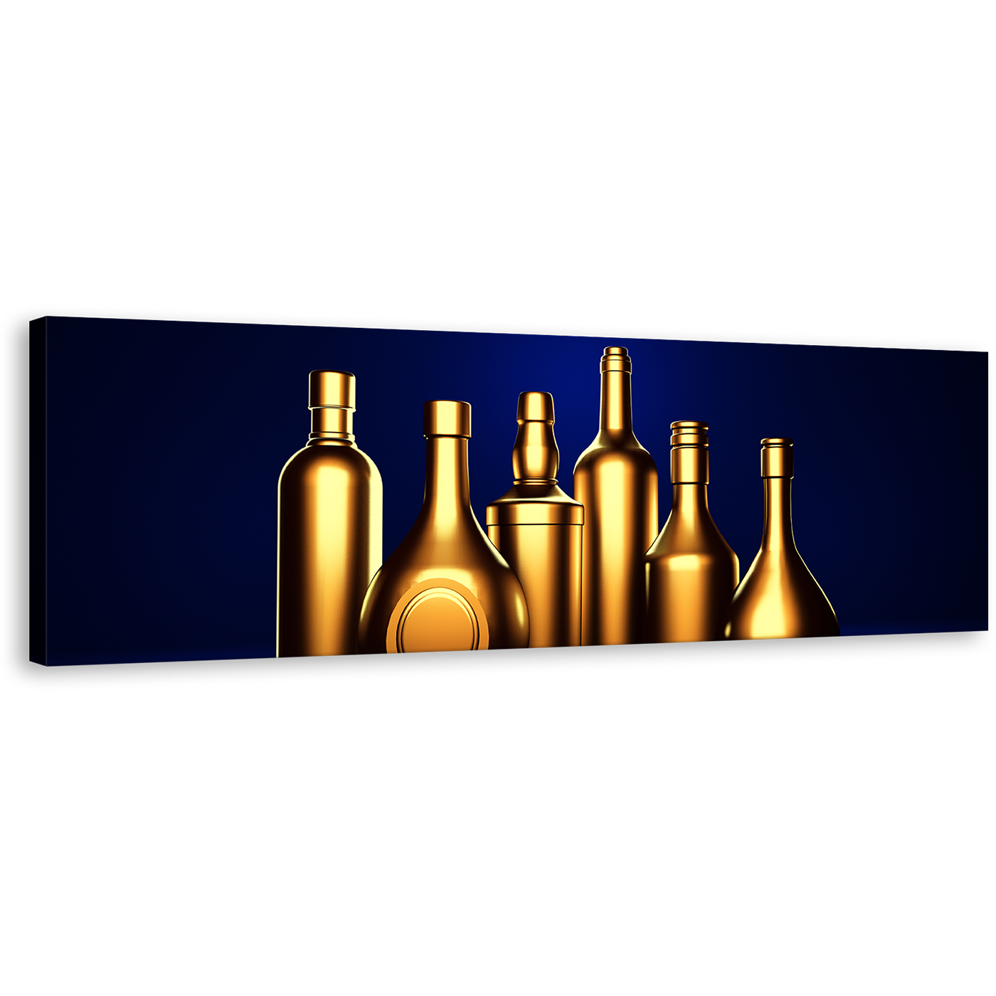 Wine Drinks Canvas Wall Art, Gold Alcohol Bottles Panoramic Canvas Print, Dark Blue Background Hard Liquor 1 Piece Canvas