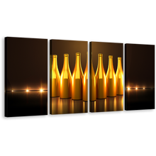 Load image into Gallery viewer, Wine Drinks Wall Art, Gold Champagne Bottles 4 Piece Multi Canvas, Stylish Bright Dark Brown Background Canvas Print
