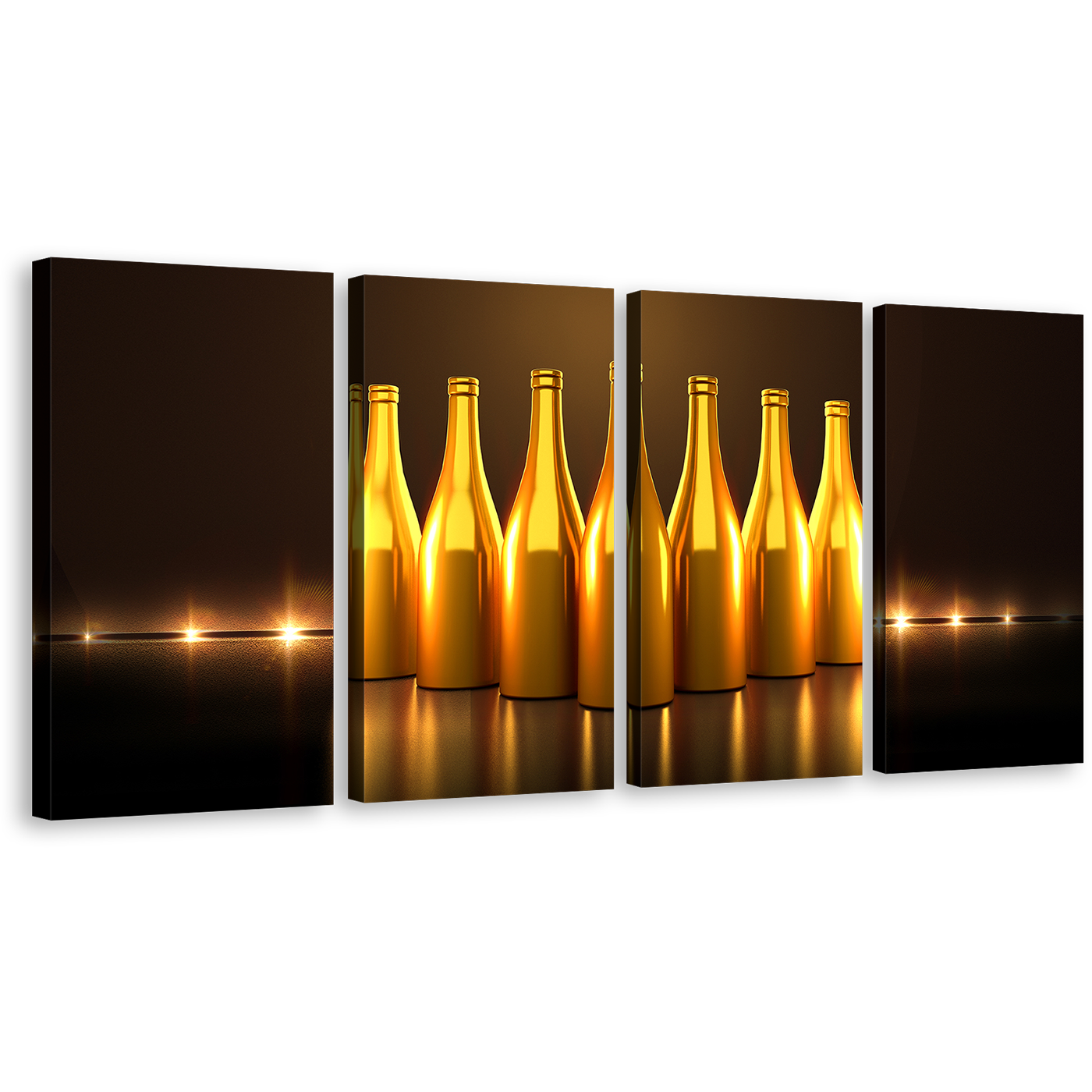 Wine Drinks Wall Art, Gold Champagne Bottles 4 Piece Multi Canvas, Stylish Bright Dark Brown Background Canvas Print