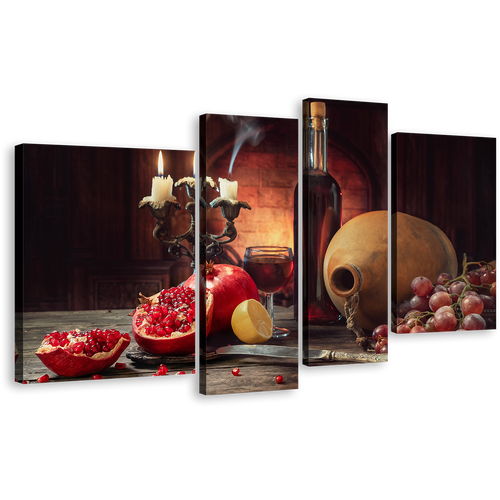 Wine Fruits Canvas Canvas Wall Art, Red Wine Candlelight 4 Piece Canvas Print, Colorful Still Life Wine Bottle Multi Canvas Artwork